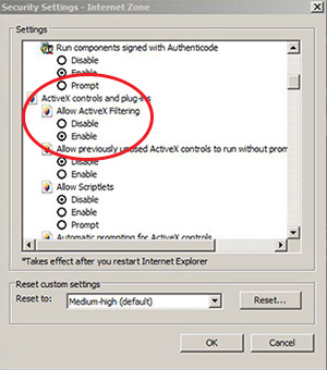 If needed, manually disable ActiveX controls.