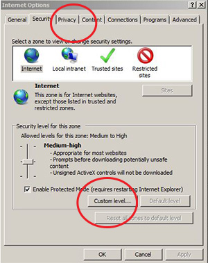 Select the appropriate security zone on Internet Explorer.