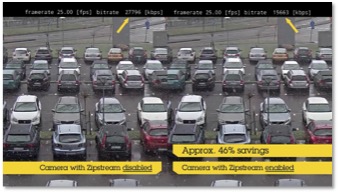 Zipstream comparison: outdoor parking area with high activity due to snow and vehicles, daylight, 720p resolution