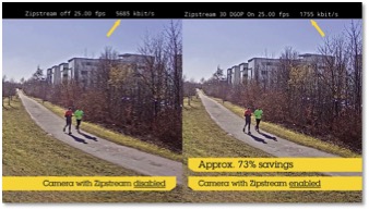 Zipstream comparison: outdoor pedestrian path, low activity, daylight, 720p resolution