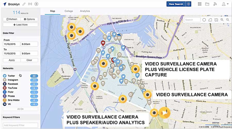 Figure 6 Social Media Alerts and Video Surveillance Assets (Image courtesy Geofeedia)