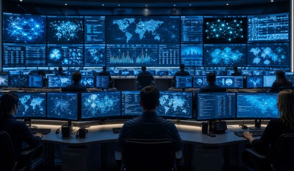 Security Operations Center Monitoring Room with Blue Curved Screens
