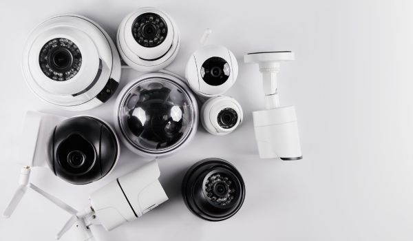 Surveillance cameras, set of different videcam, cctv cameras isolated on white background close up. home security system concept