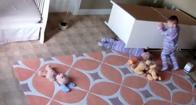 Surveillance Footage Shows Toddler Rescuing Twin
