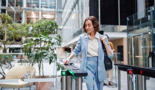 Woman scanning into building