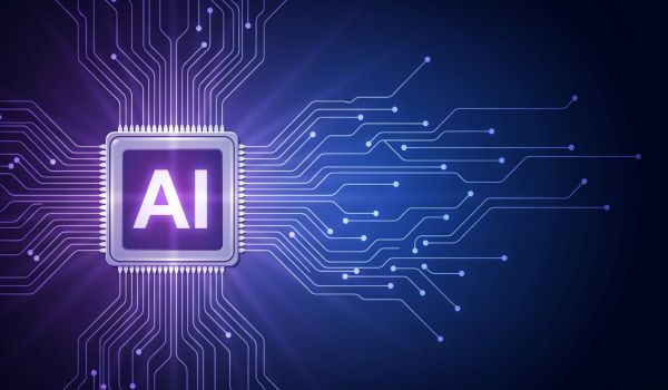 Artificial intelligence chip concept. Digital processor with glowing circuit board lines.