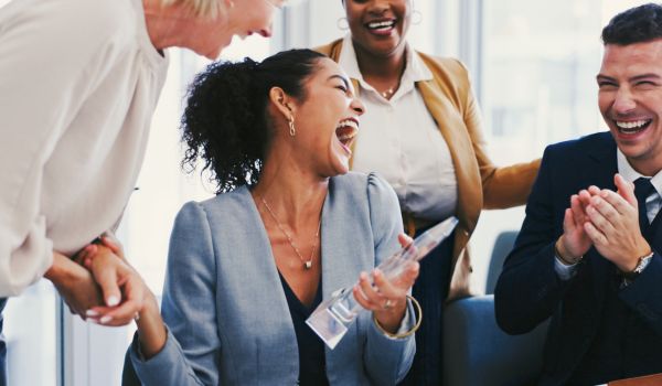 Clapping hands, award and business people in office with cheering, success or good news