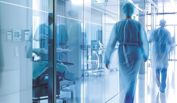 Hospital staff walking in hallway