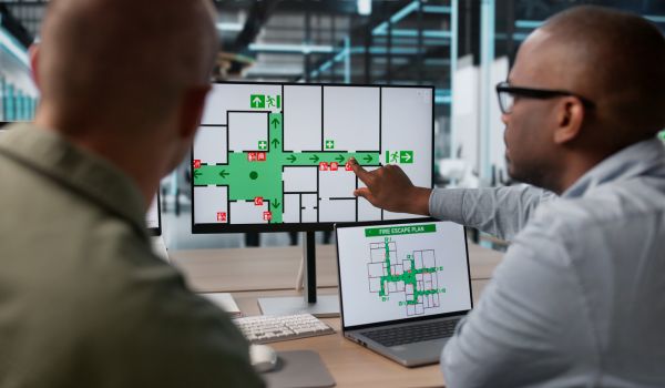 Two security professionals reviewing an emergency evacuation map.