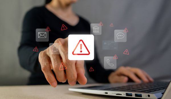 Businesswoman touching warning alert icon on laptop screen for cyber security and system error concept