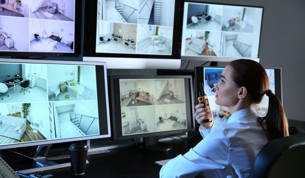 Security guard monitoring modern CCTV cameras in surveillance room
