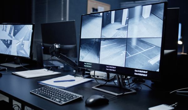 Empty security control room showing modern surveillance workstation