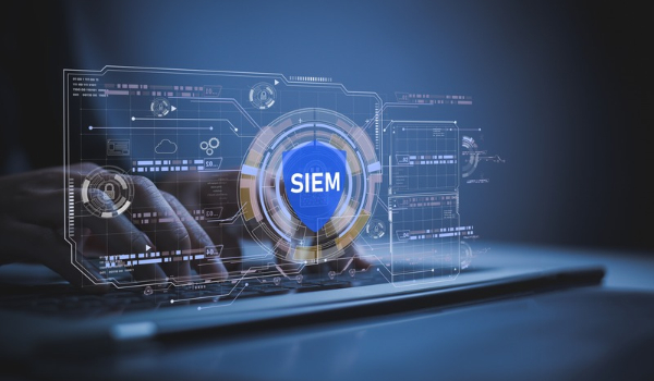 Hands typing on a laptop keyboard behind a glowing digital interface featuring data streams, a blue security shield, and the acronym SIEM.