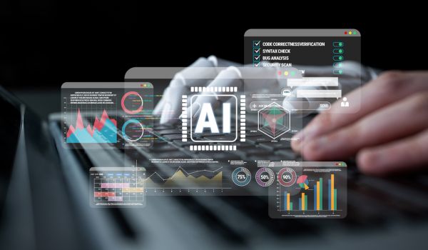 Human and robotic hands typing on a laptop, overlaid with AI, code analysis and data graphics.