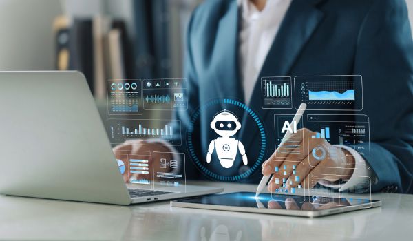 A businessman uses advanced AI agent technology and artificial general intelligence (AGI) to perform data analysis