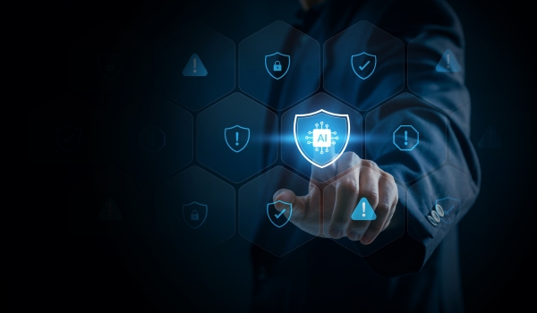 Enterprise AI Security Protection Businessman Touching Shield Icon