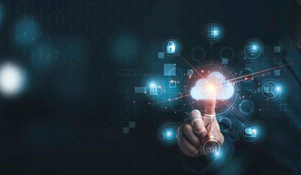 Cloud software overlay with person clicking graphic