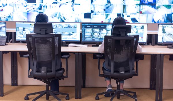 Two security professionals review surveillance footage.