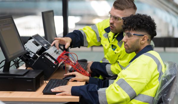 Two male engineers using desktop computer training Programmable logic controller