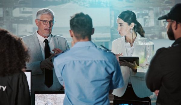 A group of security personnel and colleagues discuss information in a monitoring room.