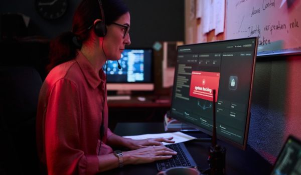 Employee wearing a headset views a red system hacking alert on a computer monitor in a dimly lit office.