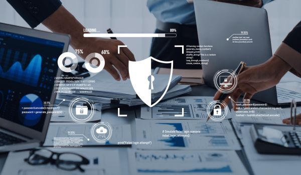 People working with laptops and documents, overlaid with digital shield and padlock symbols.