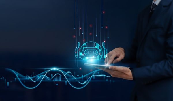 AI agent symbol overlayed on person using tablet