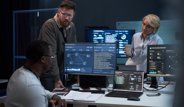 Three colleagues review network diagrams, code and security dashboards on multiple screens in an office.