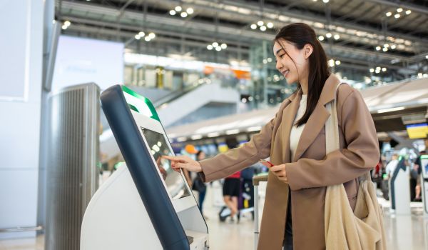 Woman using self check-in at airport