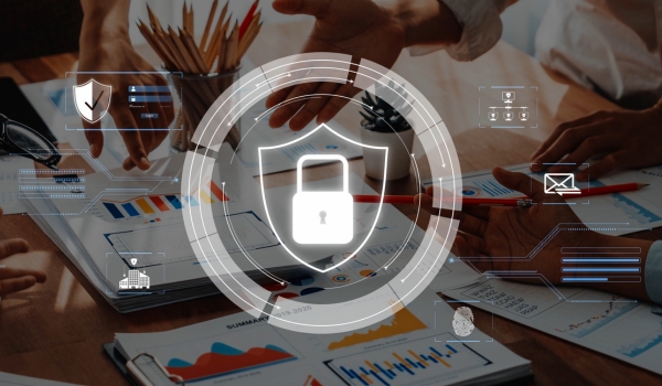 A dynamic scene of business professionals discussing and analyzing data in a modern office, with a shield icon