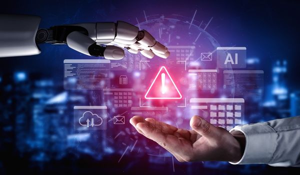A striking visual representation of human-robot interaction showcasing a warning symbol