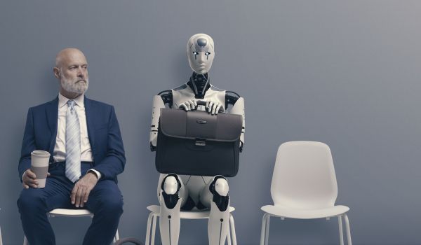 Man and AI robot waiting for a job interview