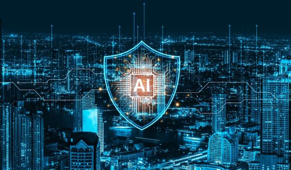Futuristic cyber security featuring AI digital shield, zero trust and AI threat detection system