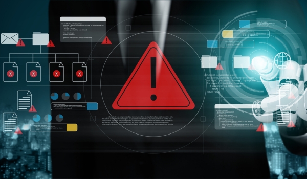 Robotic hand interacts with digital cybersecurity interface showing red warning alert icon, threat data files and network graphics
