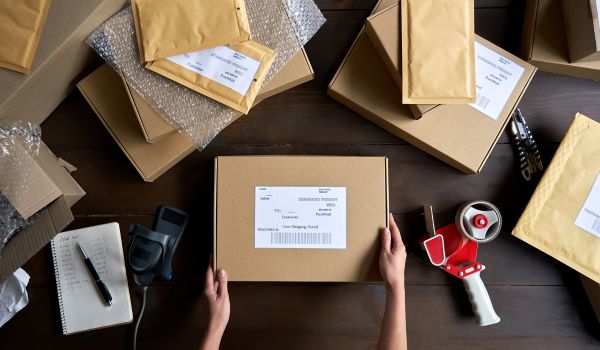Worker organizing packages in mail room