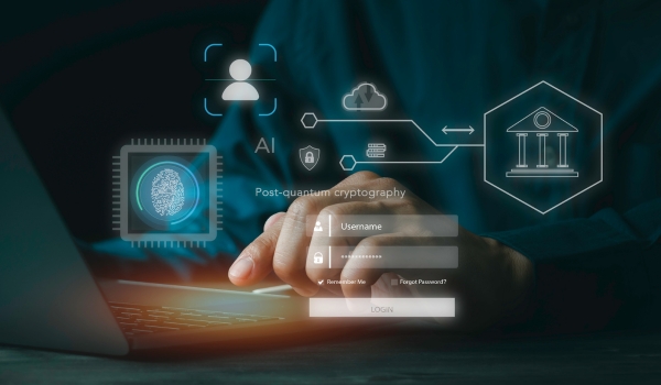 A person using a laptop with futuristic digital overlays representing post-quantum cryptography, cybersecurity and biometric login.