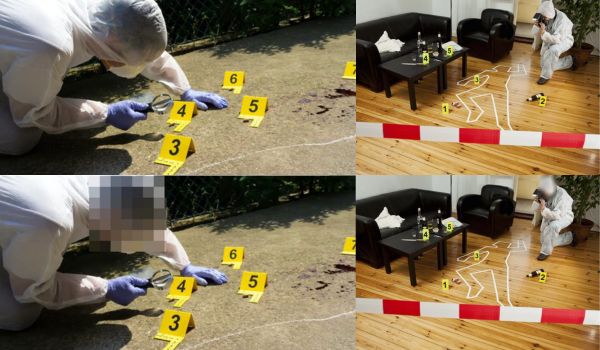 Grid of forensics specialists with before and after of redacted faces