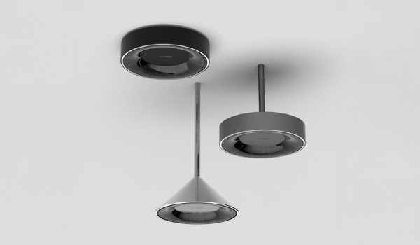 Three i-PRO Spatial Integration Camera concepts shown in ceiling-mounted and pendant-style housings resembling light fixtures.