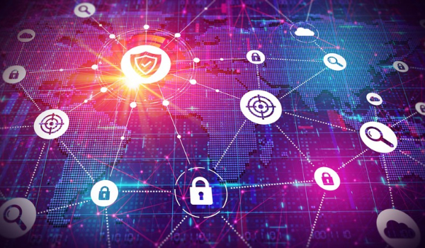 A digital world map network overlay featuring glowing cybersecurity icons including padlocks, targets, and shield symbols.