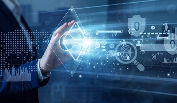 Person reaching toward a digital interface displaying a key, fingerprint, padlocks and other cybersecurity symbols.