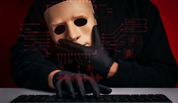 AI deepfake identity concept with hacker holding mask on red