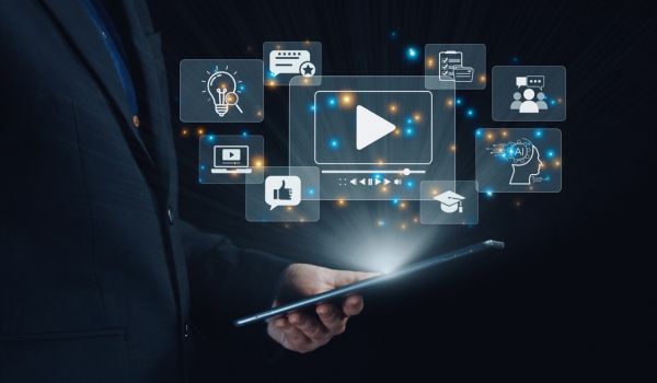Person holding tablet with graphic overlay