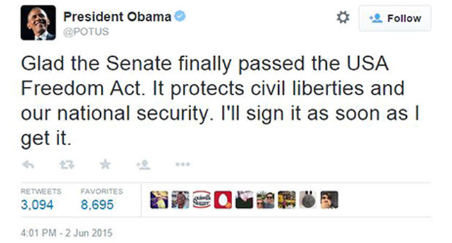 USA Freedom Act Approved by Senate and Signed by President Obama