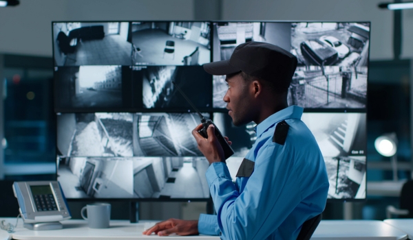 African-American security officer watching the screens talking on radio in control room