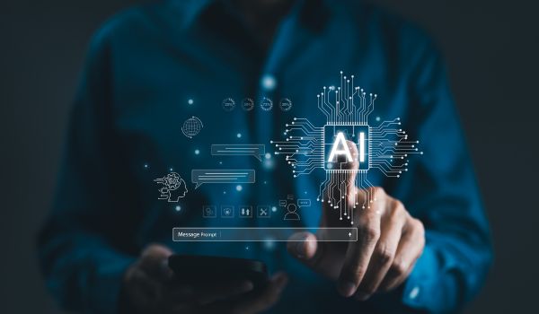 AI graphic overlay of person holding tablet