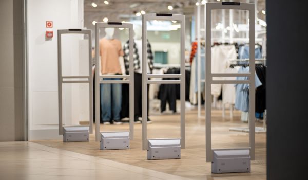 Radio-frequency security gates with integrated metal detector at a clothing store entrance