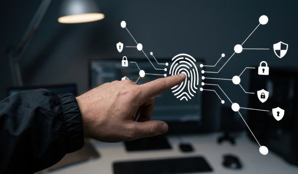 Businessman touching biometric fingerprint icon