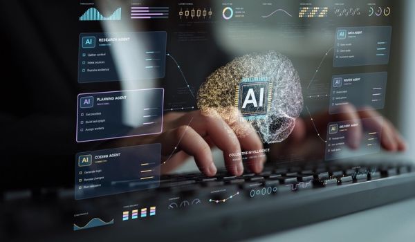 Hands typing on a keyboard beneath a digital overlay of an AI brain, connected agent panels and data charts.