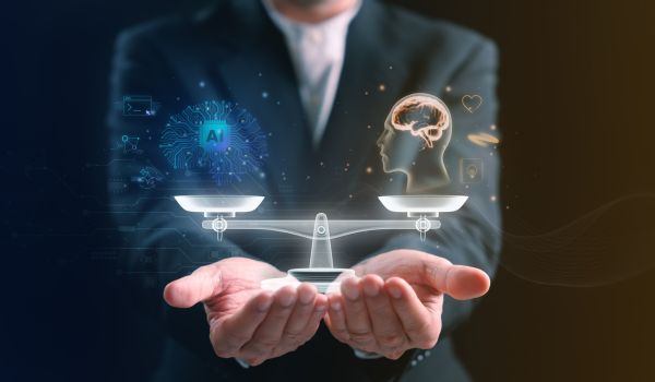 Person with graphic overlay of balancing scale