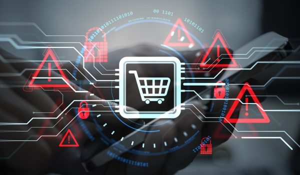Shopping cart on digital chip with circuit lines, red warning triangles and padlocks over blurred hands using devices